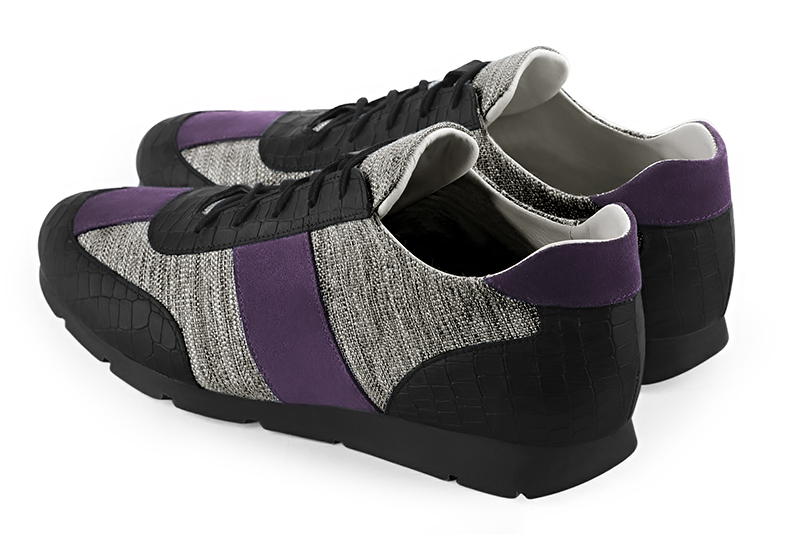 Satin black, ash grey and amethyst purple three-tone dress sneakers for men. Round toe. Flat rubber soles. Rear view - Florence KOOIJMAN